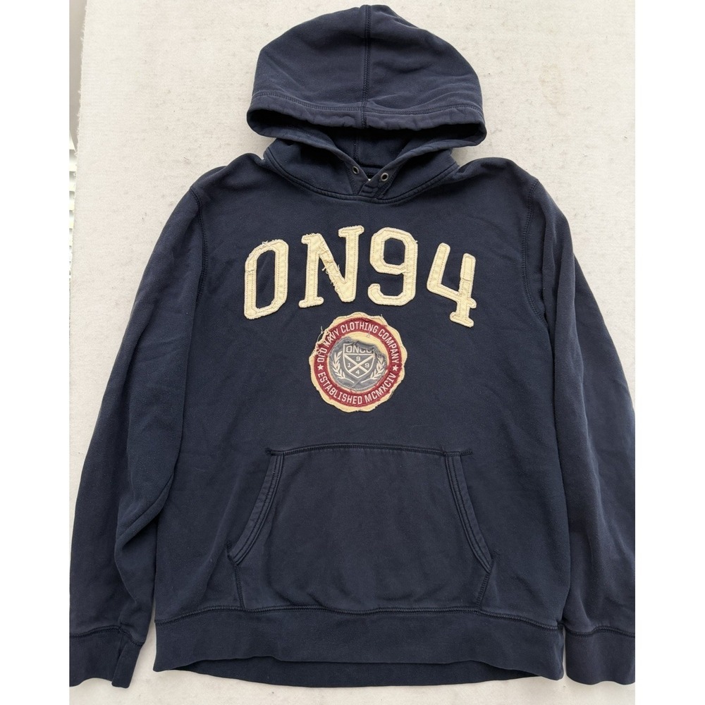 Vintage Old Navy Hoodie Mens Size XL Distressed Y2K Stitched Crest Navy Blue